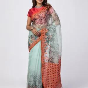 Coral Peach Printed Cotton Saree34